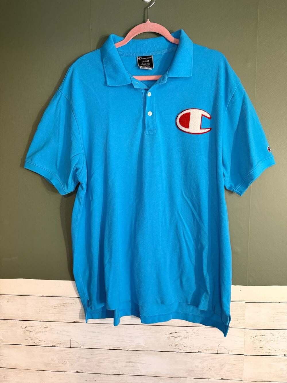 Champion Mens XL Blue Short Sleeve Polo Shirt Big Logo Back Script Cotton XL‎